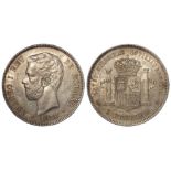 Spain silver 5 Pesetas 1871 (75) DE-M, Amadeo I, KM# 666, EF