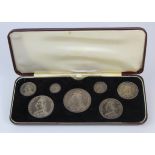 Victoria Jubilee Specimen Set (7 coins) silver Crown to Threepence 1887 in a 20thC case, toned VF to