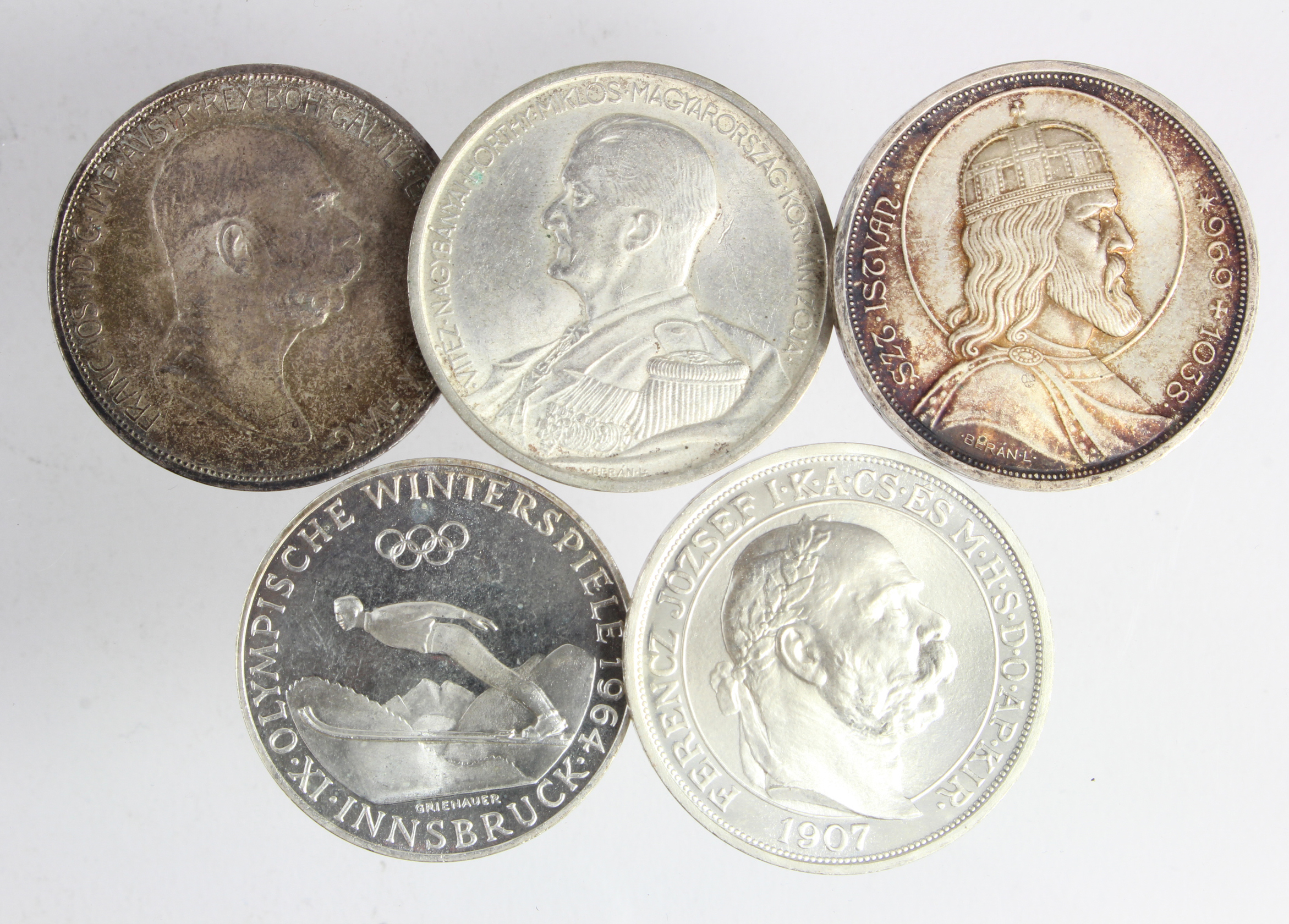 Austria & Hungary (5) crown-size silver coins: Austria Franz Joseph 60th Anniversary of Reign silver
