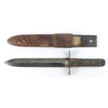Bowie hunting knife with scabbard and leather frog. Blade maker marked 'Wingfield Rowbotham & Co