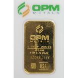Gold Bar. One Troy Ounce (0.9999 Fine gold). In a "OPM Metals" sealed card