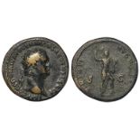 Domitian brass dupondius, Rome Mint 90-91 AD. Reverse: VIRTVTI AVGVSTI SC. Virtus Standing right.