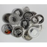 World .999 Silver Proof & BU Coins (16) in capsules, crown-size and smaller, approx 415g.