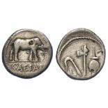 Julius Caesar silver denarius, mint in Italy 49 B.C., obverse:- Elephant trampling serpent on
