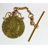 Guinea 1788 bright VF but with an 18ct "T" bar and chain attached to a yellow metal loop mount