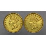 USA gold Dollars (2) 1862 & 1874 both ex mount on reverse, cufflinks?.