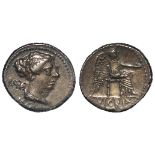 Roman Republican silver denarius, struck Rome 89 BC, of M. Porcius Cato. Diad. female bust right /