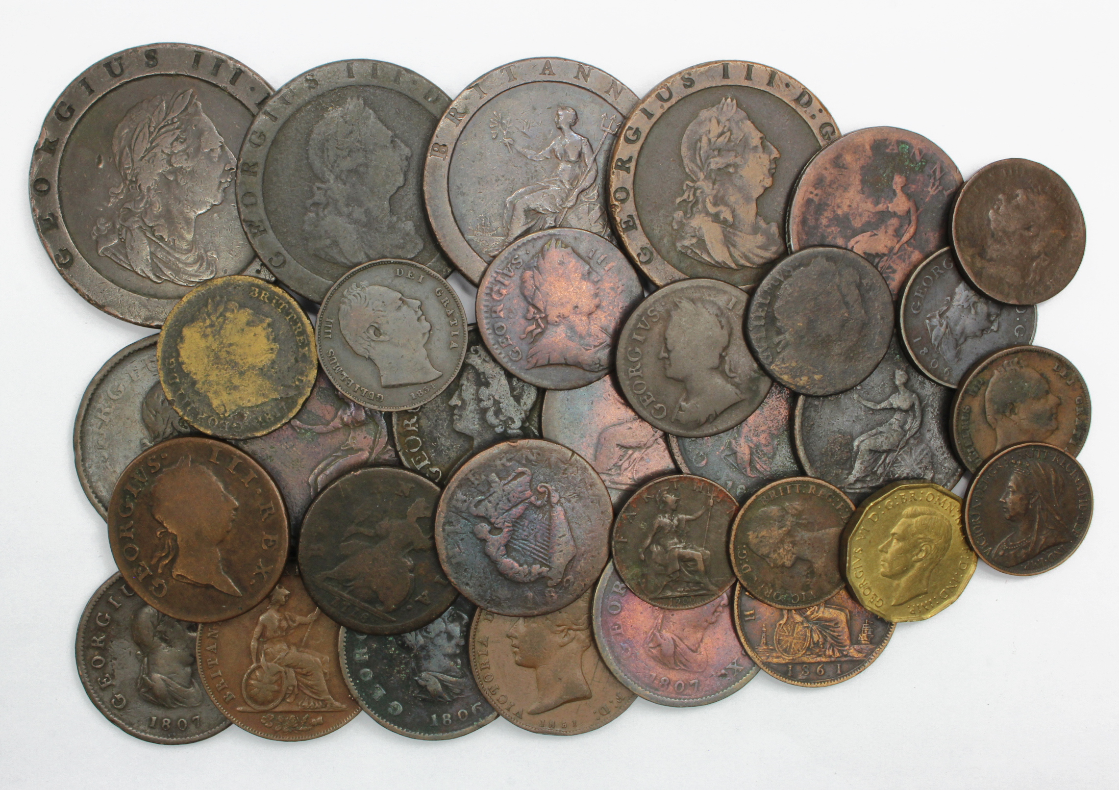 GB Copper & Bronze (31) 17th-20thC assormtent, mixed grade from circulation.