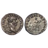 Trajan silver denarius, Rome Mint 99 AD. Reverse reads: PONT MAX TR POT COS II. Concordia seated