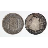 Spain (2) silver 5 Pesetas: 1883 (83) MS-M, KM# 688 VF, and 1898 (98) SG-V, KM# 707, patchy tone EF