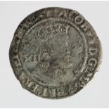 James I silver shilling, Third Coinage? 1619-1625, reverse reads:- QVAE DEVS, mm. not clear possibly