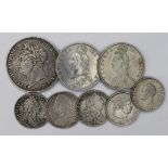 GB Silver (8): Crown 1821 Secundo Fine, Halfcrown 1887 Jubilee cleaned EF, ditto EF, Shillings: 1696