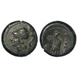 Ancient Greek bronze of c.18mm., of Campania, Cales, obverse:- Helmeted head of Athena, left,