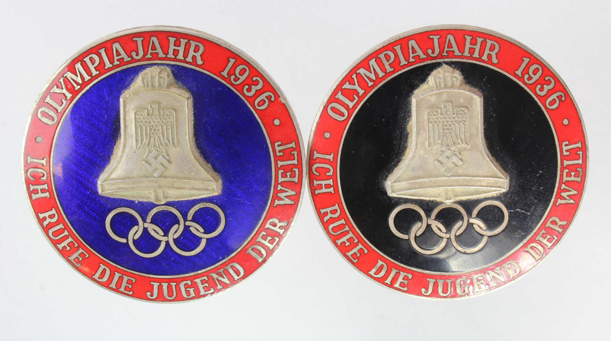 WW2 German Blue Enamel & Black Enamel 1936 Olympics Badges - Olympia 1936, "I call the children of