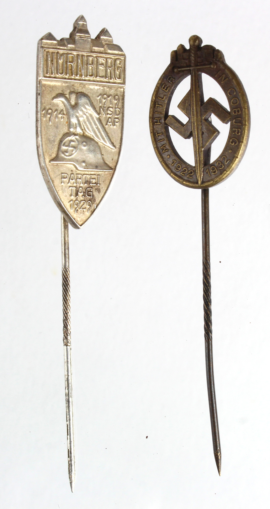 Rare WW2 German Rally stick pins. Nuremburg & Coburg. (2)