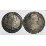 Spanish Bolivia (2) silver 8 Reales: 1802 PTS PP KM# 73 porous GF, and 1808 PTS PJ VF holed.