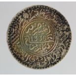Morocco silver 5 dirhams AH1336 = 1918A.D.mint Pa = Paris, with coloured 'cabinet tone', also patchy