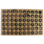 Russian Copper Coins (59) in a home-made wooden tray, 18th to 20thC, mixed grade.