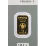 Gold Bar. 10g (0.9999 Fine gold). In a "Heraues" sealed card