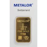Gold Bar. One Troy Ounce (0.9999 Fine gold). In a "Metalor" sealed card