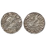 Cnut silver penny, Pointed Helmet Issue, 1024-1030, two pellets of the pellet headed sceptre rest on
