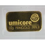 Gold Bar. 50g (0.9999 Fine gold). In a "Umicore" plastic case