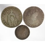 Peru silver (3): Spanish 8 Reales 1804 LIMAE JP KM# 97 GF, 2 Reales 1792 LIMAE IJ KM# 95 nVF, and