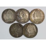 GB Shillings (5) Early Milled: 1745 LIMA GF, 1758 GVF x3, and 1787 w/o hearts GVF
