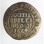 Denmark silver 24 Skilling 16Z4 (1624), KM# 93, VG, rare.