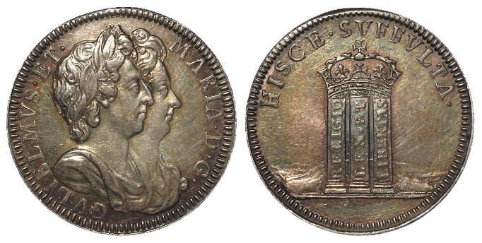 William and Mary, Pattern Farthing or silver medal, undated (1689). Eimer 318 toned GVF (Ex St James