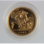 Half Sovereign 1985 Proof FDC in a hard plastic capsule