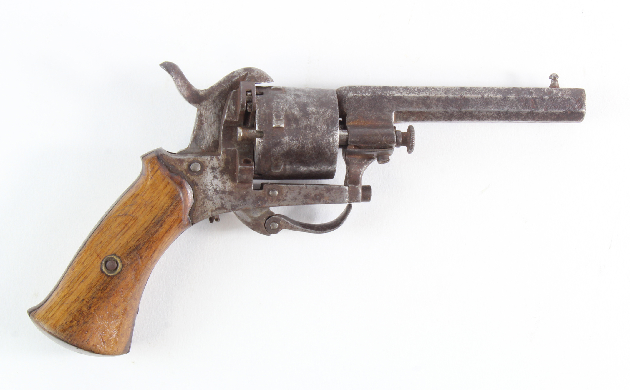 Revolver: a 6 shot Belgian Pinfire Pocket Revolver. Calibre 7mm. Cylinder with Belgian proof mark.