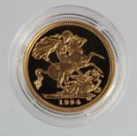 Half Sovereign 1994 Proof FDC in a hard plastic capsule