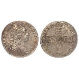 Sixpence 1697, third bust, late harp, large crowns, S.3538, speckled EF, light scratch rev.