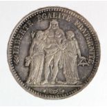 France silver 5 Francs 1848A, KM# 756.1, lightly toned EF