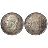 Spain silver 5 Pesetas 1882 (81) MS-M, KM#688, EF, light edge knock.