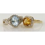 9ct yellow gold citrine and diamond cluster ring, finger size O, weight 2.5g. 9ct yellow gold blue