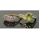 9ct peridot and diamond cluster ring, finger size Q, weight 2.4g. 9ct yellow gold tanzanite three