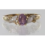 9ct yellow gold amethyst and diamond ring, finger size O, weight 1.7g