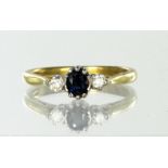 18ct yellow gold sapphire and diamond three stone ring, finger size Q, weight 4.5g
