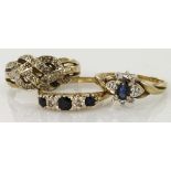 9ct yellow gold sapphire and diamond cluster ring, finger size K, weight 2.0g. 9ct yellow gold