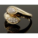 9ct yellow gold crossover ring set with diamonds, approx. diamond weight 0.10ct, finger size N,