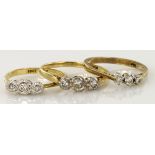 Two 18ct yellow gold diamond trilogy rings, one 9ct yellow gold diamond trilogy ring, weight 6.3g