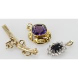 9ct yellow gold cushion shaped amethyst pendant, weight 3.1g. 9ct yellow and white gold sapphire and