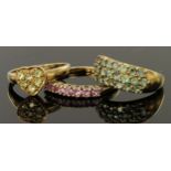 Three 9ct yellow gold mixed gemstone rings, one green quartz three row ring, finger size N, weight