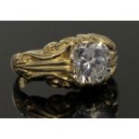 9ct yellow gold carved head style ring set with large cz, finger size P, weight 7.7g