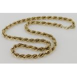 9ct yellow gold hollow rope chain necklace, length 46m, weight 11.8g