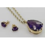 Suite of amethyst jewellery, 9ct yellow gold pendant set with pear shaped chequerboard cut