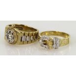 Two 9ct yellow gold rings, one buckle ring and one watch ring, both set with cz, both finger size L,