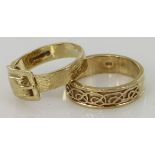 9ct yellow gold buckle ring, finger size N, weight 3.8g. 9ct yellow gold Celtic band ring, finger